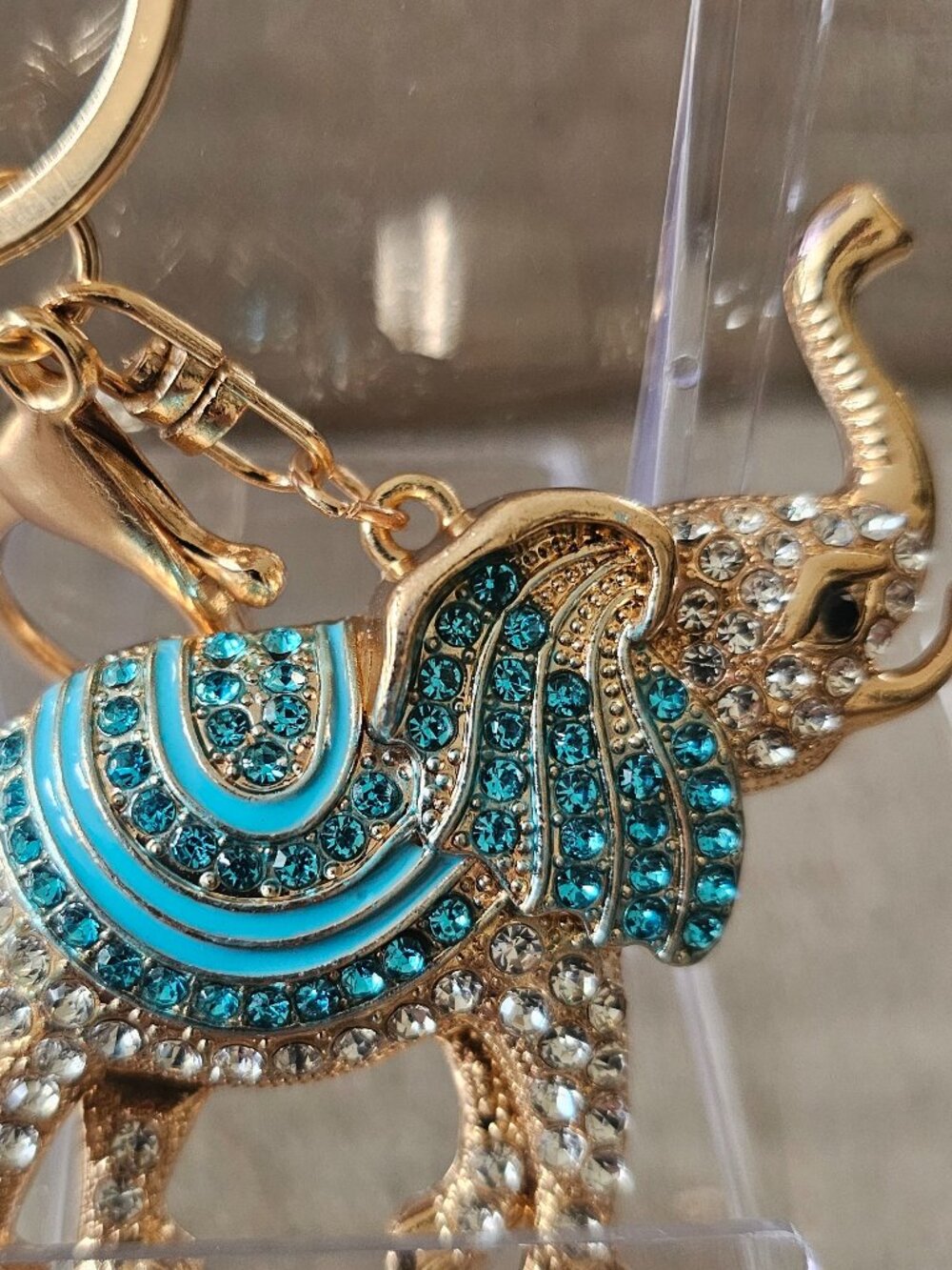 Blue Rhinestone Elephant Keychain | Gold Tone Purse Charm | Lucky Elephant New - Picture 2 of 2